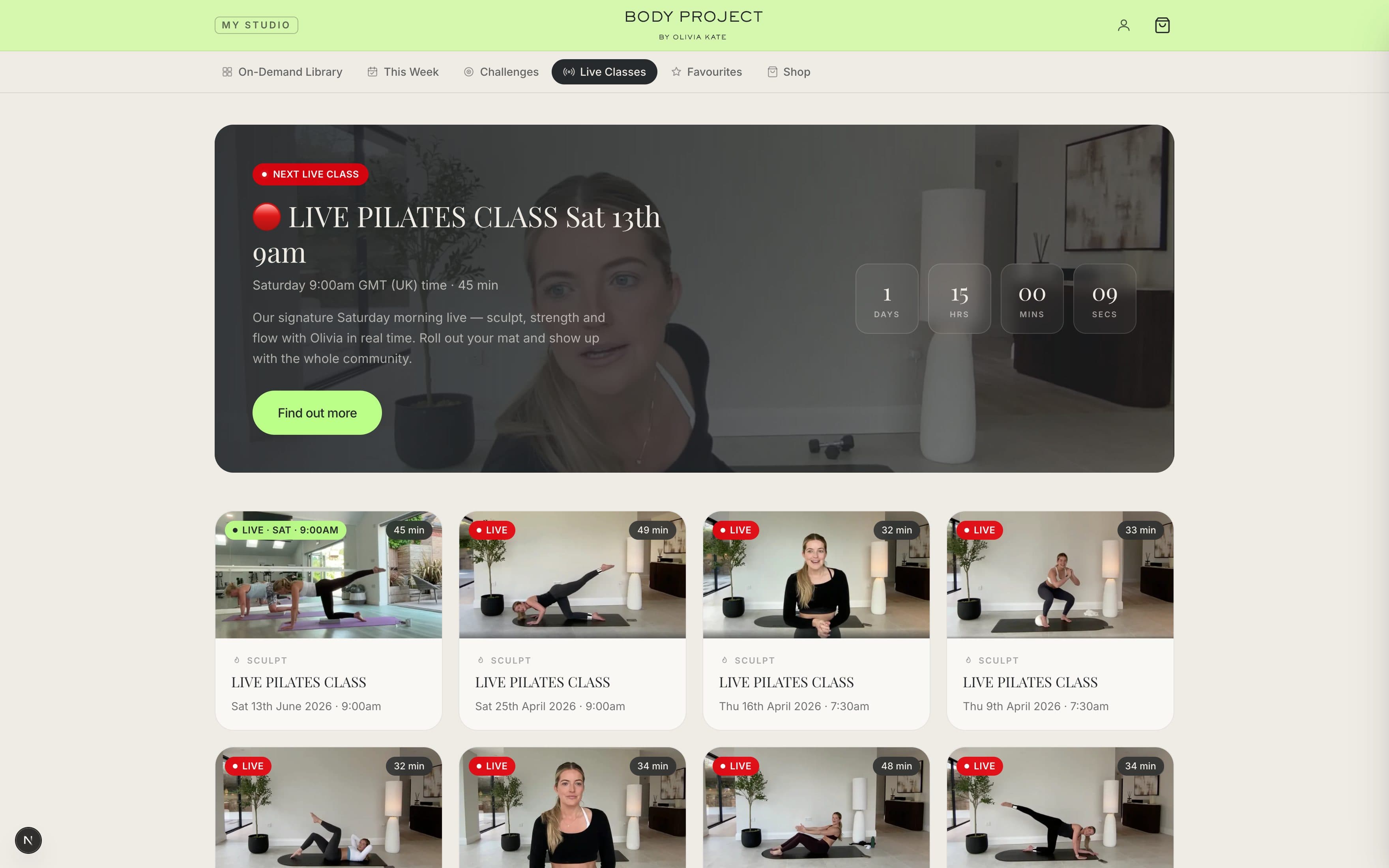 Live classes with a countdown to the next session